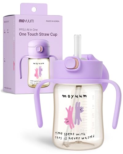 Image of MOYUUM Leak Proof Sippy Cup with Handle | Made in Korea, 100% BPA Free PPSU, Magic No Spill Straw Cup with Attached Flip Top Lid, Easy to Hold for Babies and Toddlers, 6oz Purple