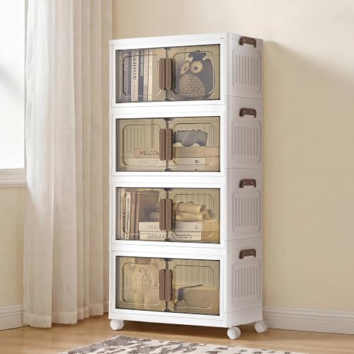 Image of SONGMICS 26QT Plastic Storage Bins with 1 Lid, 4-Tier Stackable Bins with Doors and Wheels, Foldable Storage Boxes, for Closets, Bedroom, Living Room, Office, White URLB445WZ01
