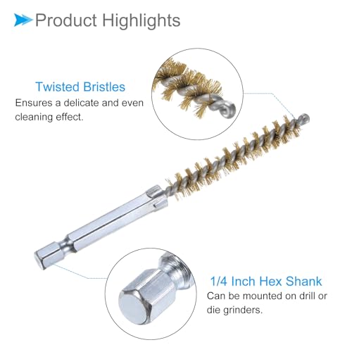 Image of Bore Brush, 8mm Dia 4 Inch Length, Brass Cleaning Wire Brushes with 1 /4 Inch Hex Shank - (Applications: for Power Drill, Die Grinder)