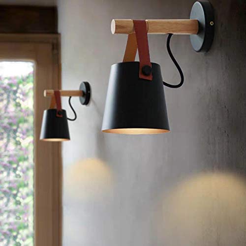 2 Pcs Wall Sconce Lamp Nordic Wooden Lighting Fixture E27 Metal Lampshade Leather Belt Decorative Wall Light For Home Bedroom Bedside Aisle Restaurant (Black) #TOP5