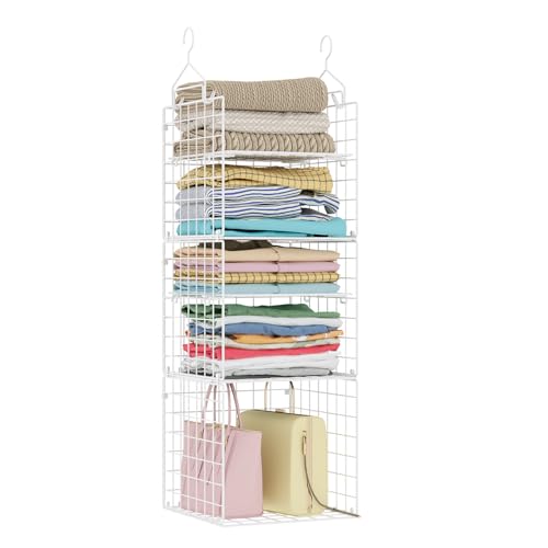 Image of X-cosrack Closet Hanging Organizer and Storage - 5 Tier Hanging Shelves, Wire Closet Shelf Organizer Basket with Adjustable Dividers for Home Clothing Sweaters Shoes Handbags