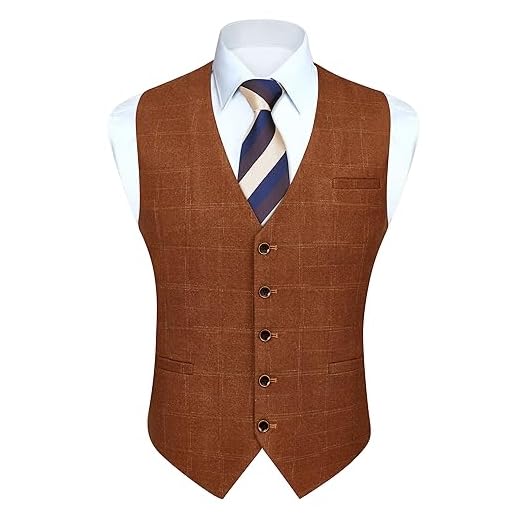 HISDERN Colete masculino xadrez formal para negócios colete colete slim fit para homens com 3 bolsos para terno ou smoking, Laranja - 3, Medium
