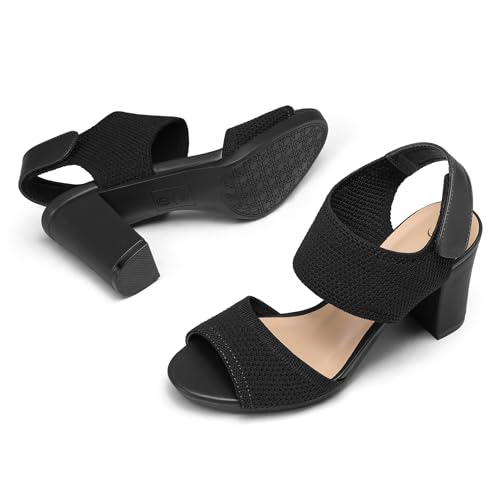 Image of mysoft Women's Chunky Block High Heels Slingback Open Toe Heeled Sandals | Casual Wide Width Fit, 3.3 Inch Heel, Elastic Knit Upper, Hook-And-Loop Atrap, Non-Slip Sole, Wedding Party Dress Shoes