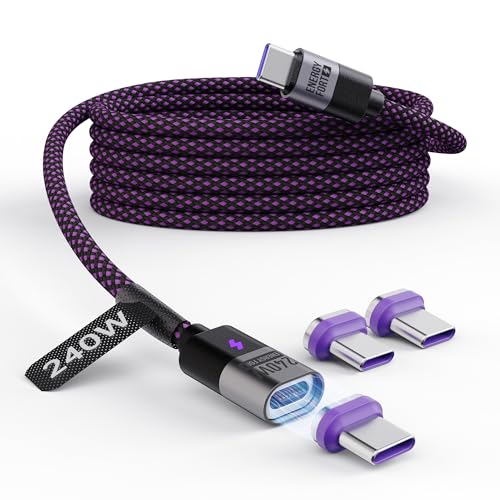 Cable de Carga Magnético 240W, 5A/48V, Cable de Nylon Púrpura con Indicador LED, Compatible con Samsung, iPhone, Xiaomi (1.2M C-C+3*C)
