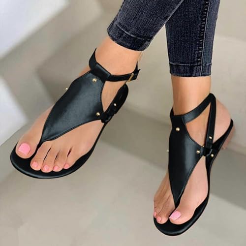 Women's Thong Flat Sandals,Women's Casual T-Strap and Adjustable Ankle Buckle for Summer Beach Sandals,Flip Flops T Strap Dress Sandals,Leather Strappy Slip on Summer Shoes for Women2