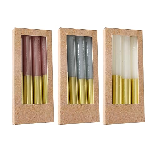 12 Piece Gold Dipped Taper Candles, 3 Boxed Sets of 4, Hand Dipped, Dripless, 7 Hours Burn Time, Paraffin Wax,