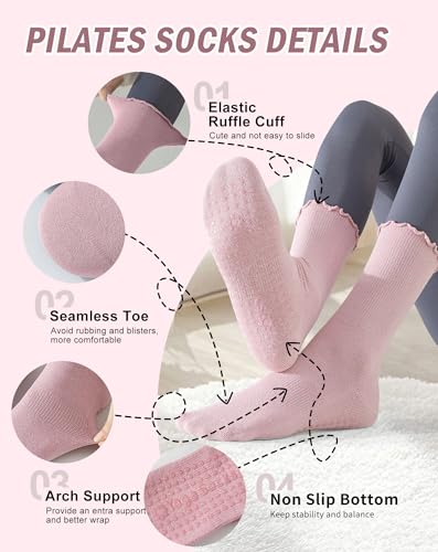 Yawlsow 4 Pairs Pilates Grip Socks for Women Cute Ruffle Frilly Yoga Socks Non Slip Cotton Crew Sports Sock for Barre Workout2