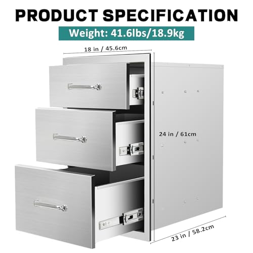 Image of Outdoor Kitchen Drawers 18''Wx 24''H x 23''D Stainless Steel Drawer BBQ Triple Drawers with Chrome Handle for Outdoor Kitchen Island, Patio Grill Station