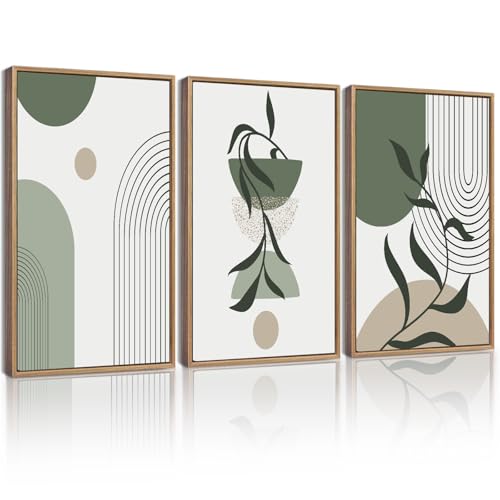 KUVIOKE Botanical Boho Framed Wall Art Modern Bohemian Plants Wall Decor Green Geometry Lines Prints Artwork for Living Dining Room Decor 11x14in (Natural Framed)