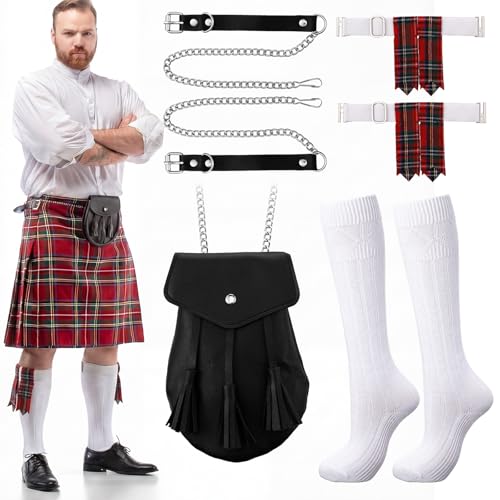 Arrowbash 3 Pcs Men Scottish Kilt Accessories Irish Traditional Scottish Socks Tartan Hose Flashes Sporran(Not Include Kilt)(Bright Tones)