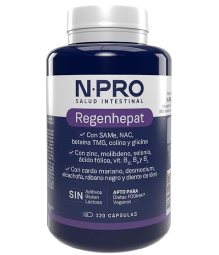 NPro Regenhepat 120 Cápsulas - Con Betaína TMG, NAC, SAME, Cardo Mariano y Alcachofa - Sin Gluten y Sin Lactosa - Contribuye a Mejorar la Salud Hepática y Biliar
