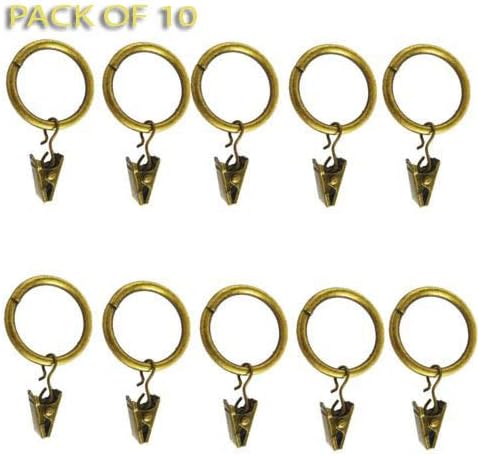 Pack Of 10 Metal Curtain Rings with clips Pole Rod Voile Net Curtain Drapery Rings Pole Rod Hanging Rings With Hooks (Antique Brass)