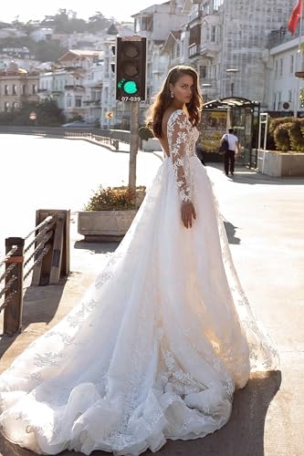 Deep V Neck Wedding Dresses for Women Long with Puffy Sleeves Lace Wedding Gowns DR0001-142