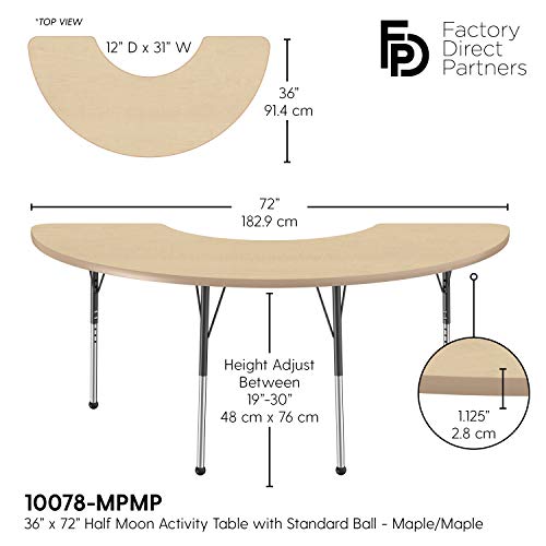 Image of FDP Half Moon Activity School and Office Table (36 x 72 inch), Standard Legs with Ball Glides for Collaborative Seating Environments, Adjustable Height 19-30 inches - Maple Top and Maple Edge