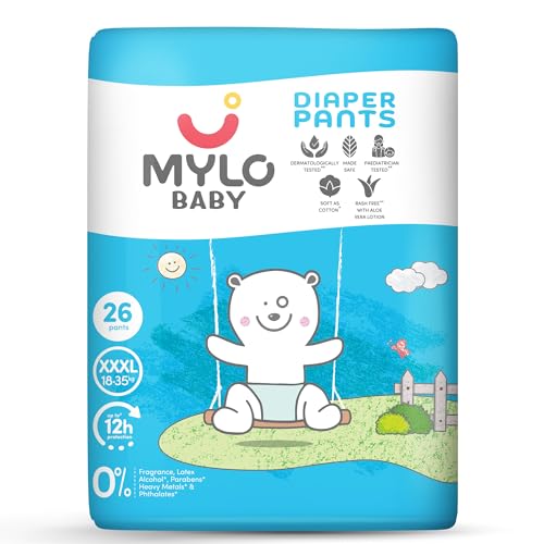 Image of Mylo Baby Diaper Pants (XXXL) Size 18-35 kgs (26 count) Leak Proof | Lightweight | Rash Free | Upto 12 Hours Protection | ADL Technology | with Aloe Vera Lotion