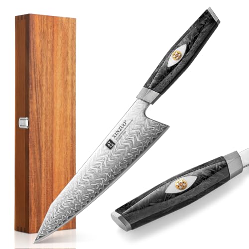 XINZUO 8.5 Inch Professional Damascus Chef Knife,145 Layers Damascus Steel Ultra Sharp Knife,Austrian Bohler M390 Powder Steel Core,Kitchen Knife With Black Carbon Fiber With Resin Handle