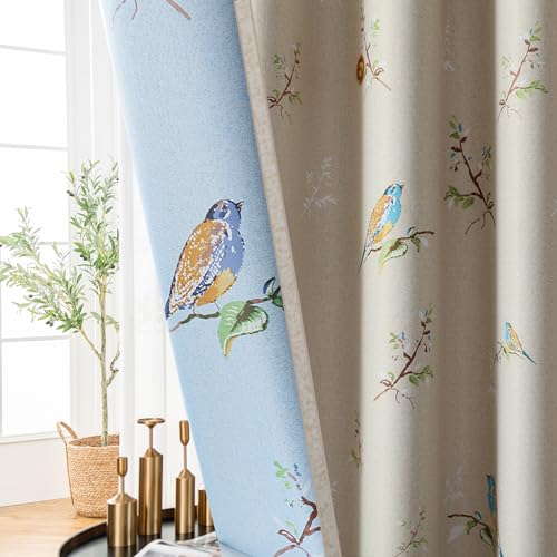 SUOUO Rideaux occultants Double Face à Motif Oiseaux pour Chambre à Coucher - 213 cm de Long - 2 Panneaux à Isolation Thermique - Taupe