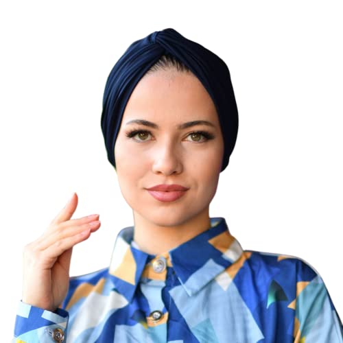 SUFIRIT Turbans for Women Twisted Blue-Hijab Undercap-Hijab Underscarf-Hijab Cap-Instant Hijab-Jersey Hijab-Sleep Bonnet-Hair Bonnet-Hijab Scarfs Women-African Head Wraps Muslim, Navy Blue, One Size