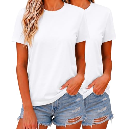 LOOKFACE 2 Pack Women's Short Sleeve T-Shirts Basic Solid Crewneck Cotton Tee Tops Soft Summer Casual Undershirts White Medium