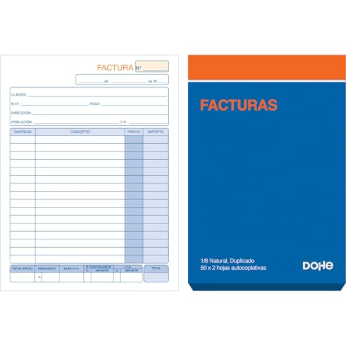 Dohe - Talonarios Facturas (10 uds.) - 50 Hojas Duplicadas (50 Hojas con 1 Copia), Tamaño A6 10,5x15 cm, Páginas Microperforadas, Con IVA y Recargo Equivalencia, Idioma Español, Material de Oficina