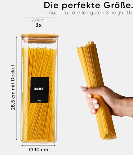 Deco haus® Spaghetti Aufbewahrung 3er Set Eckig - Vorratsgläser mit Deckel + Etiketten [LUFTDICHT] - Für...