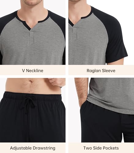 Image of NACHILA Pajamas Set for Men-Viscose Made from Bamboo,Short Sleeve Sleepwear Soft Pjs with Shorts Cool Loungewear Dark Heather Grey /Black L