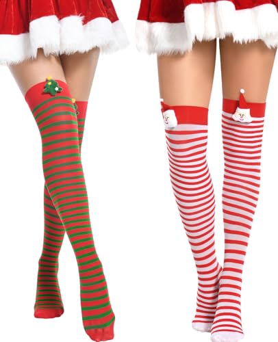 Christmas Thigh High Socks for Women Striped Over the Knee Sexy Stockings with Bows Pack of 2