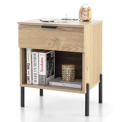 COSTWAY Table de Chevet avec Prise, Table d'Appoint avec Station de Charge, 1 Tiroir, 1...