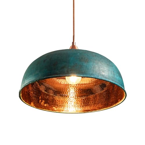 ALFIQ Handcrafted Hammered Copper Pendant Light, 12 Inch Green Verdigris Patina Dome Ceiling Fixture, Vintage Hanging Lamp for Dining Room, E27 Socket