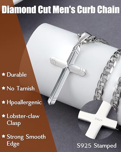Besteel 925 Sterling Silver Cross Necklace for Men Women, 5MM Durable Stainless Steel Diamond Cut Cuban Link Curb Chain with Silver Cross Pendant, Mens Cross Crucifix Necklaces Jewelry 16-30 Inches2