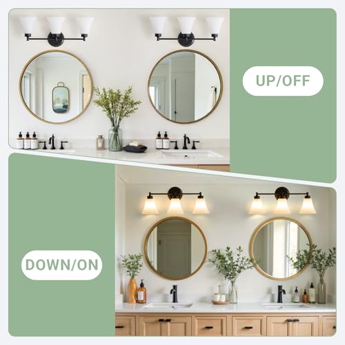 Image of LOUSACE 3 Light Bathroom Vanity Light Matte Black Bathroom Lighting Fixtures Over Mirror with Opal White Frosted Glass, Vintage Traditional Wall Lighting Fixture Vanity Sconces Light for Bedroom
