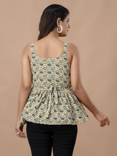 Image of feranoid Women Cotton Printed Sleeveless Strap Peplum Top