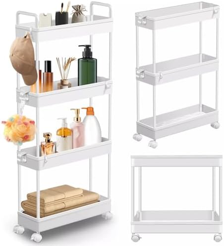 4-Tier Storage Trolley Cart on Wheels Slide-out Slim Rolling Utility Cart Mobile Storage Shelving Organizer Make Up Rack for Kitchen, Bathroom, Laundry Room, Bedroom, Narrow Places, White