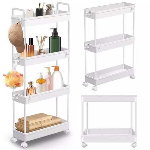 AutoBaBa 4-Tier Storage Trolley Cart on Wheels Slide-out Slim Rolling Utility Cart Mobile Storage Shelving Organizer Make Up Rack for Kitchen, Bathroom, Laundry Room, Bedroom, Narrow Places, White