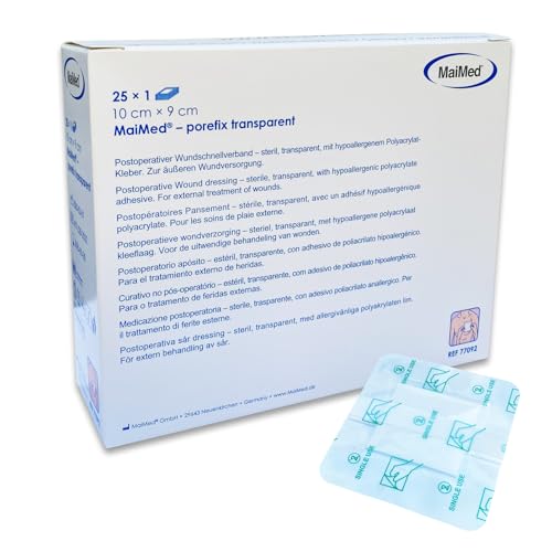 MaiMed porefix Pflaster wasserfest 10 x 9 cm - 25 Stück Wundpflaster steril transparent - wasserdichtes Pflaster nach OP Duschpflaster - selbstklebender Verband
