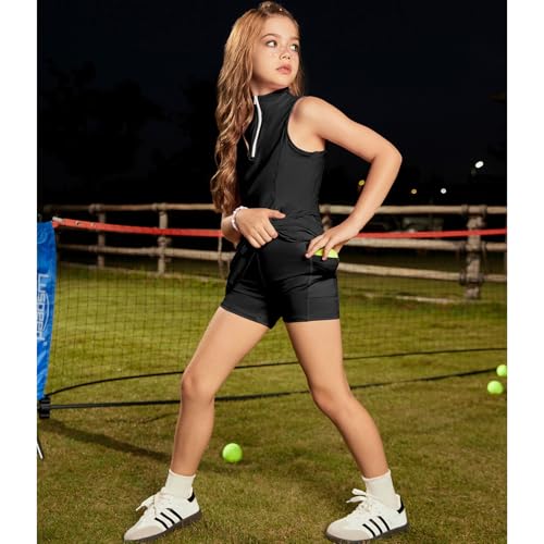 Image of Perfashion Girls Tennis Dress 1 /4 Zip Golf Outfit Built-in Bra & Shorts Pickleball Athletic Dress Workout Pockets 4-13Y