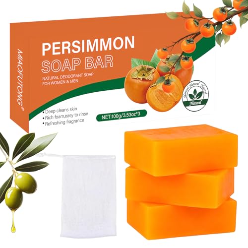 3 Pcs Persimmon Soap Bar - Persimmon Tannin Deodorant Soap for Nonenal Underarm & Foot Odour Natural Anti-Body Odour Cleansing Bar Soap for Old People & Men & Women Gentle For Face & Body