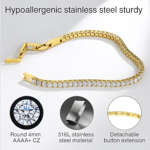 Stainless Steel Adjustable CZ Tennis Bracelet for Women Men (Gold, CZ 4mm) — view 4