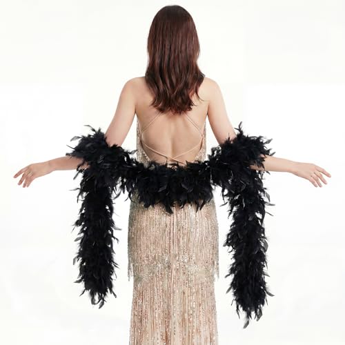 Naplings Black Feather Boa 6 Feet (2 Yards) - 60g Premium Chandelle Turkey Feather Boa Mardi Gras & Halloween Costume Party Accessory