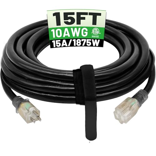 POWGRN 15 Ft 10AWG Black Outdoor Extension Cord Waterproof Heavy Duty 10 Gauge 3 Prong, Flexible Cold-Resistant Power Cord Indoor & Outside with Lighted Indicator End, 15Amp 1875W SJTW ETL Listed