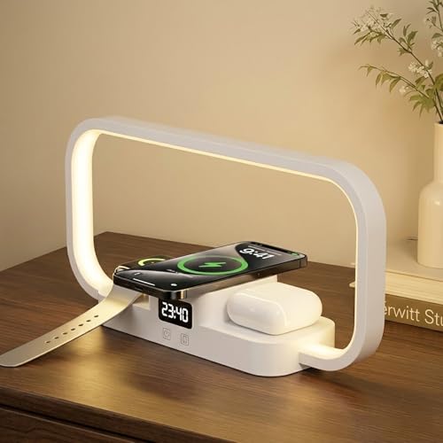 Liwankaqi LED Bedside Lamp with Wireless Charger 3 in 1 Touch Control Bedroom Table Lamp with Clock Nightstand Lamp for Bedroom 5 Color Modes & Dimmable Desk Lamp for Nightstand