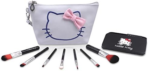 Finex Gray Hello Kitty PU Leather Cosmetic Bag + Makeup Brushes SET - Multifuction Travel Make up handbag with zipper and 7 Make-up Brushes in a Black Tin Box