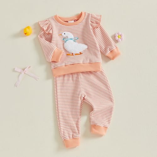 Toddler Baby Girl Clothes Goose Embroidery Sweatshirt Ruffle Long Sleeve Shirt Striped Pants 2 Piece Fall Outfit2