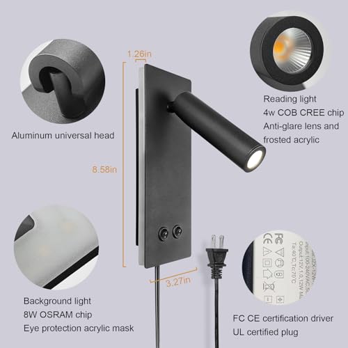 Image of LED Wall Sconce, Reading Light, Interior Bedroom Ambient Light, 2 in 1 Multifunction Bedside Plug-in Sconce, 4W+8W Night Light (Sand)