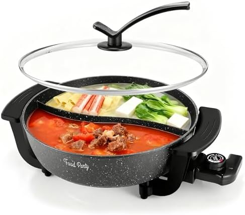 Food Party Hot Pot Electric Hotpot with Divider Shabu Shabu Hot Pot Non-Stick 6-Quart Large Chinese Pot Korean