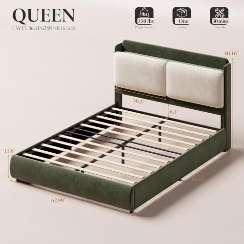 Image of Garvee Queen Upholstered Bed Frame with Shelf & Drawers - Green & Beige