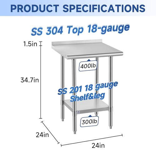Image of ROCKPOINT SS304 Top All Stainless Steel Table for Prep & Work with Backsplash 24x24 Inches, NSF Commercial Kitchen Heavy Duty Table with Adjustable Undershelf for Restaurant,Kitchen, Home and Hotel