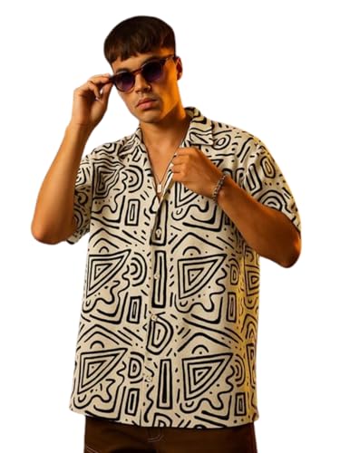 Image of Veirdo Poly Cotton Oversized Loose Baggy Fit Drop Shoulder Cool and Stylish Abstract Print Men Camp Collar Shirt