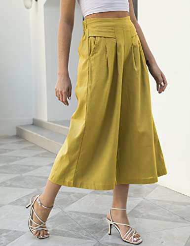 Image of Gihuo Culottes for Women Linen Wide Leg Gauchos Capri Palazzo Pants | Cotton Linen Pants,Flowy Pants,Women's Culottes,Cropped Pants,Elastic Waist Trousers with Pockets
