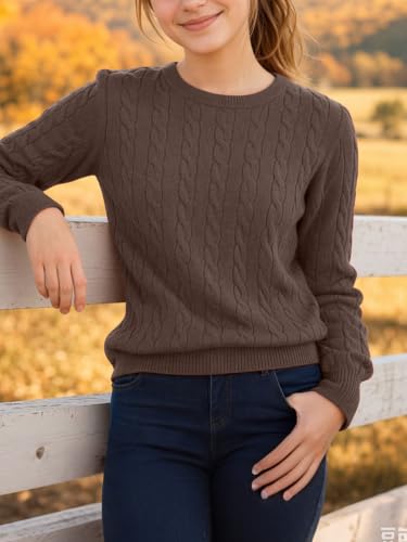 Image of Girls Sweaters Winter Tops Kids School Picture Teen Fashion Long Sleeve Crew Neck Cable Knit Casual Fall Cozy Pullover